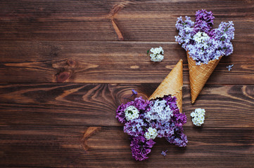 Ice cream waffle cones with lilac flowers on rustic background with copy space