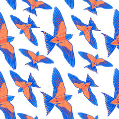 Naadloze patroon. Blauwe tropische vogel op een witte achtergrond. paradijsvogel. Handgetekende penseelstreekelementen.