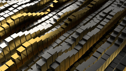 3d render abstract metallic background illustration. Metal rectangles. Geometry primitives with random vertical position.
