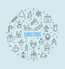 Christmas celebration concept. Set of new year and christmas symbols in circle for background. Thin line vector illustration.