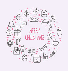 Christmas celebration concept. Set of new year and christmas symbols in circle for background. Thin line vector illustration.