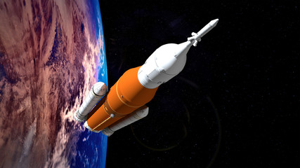 Extremely detailed and realistic high resolution 3d image of a Space Launch System Rocket. Shot from space. Elements of this image are furnished by Nasa.