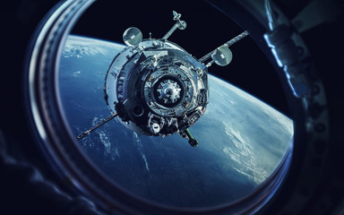 View from spaceship porthole. Earth and spacecraft. Elements of this image furnished by NASA - obrazy, fototapety, plakaty