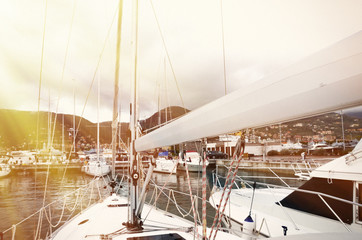 Rostrum of a modern yacht. Port of la Spezia, Italy.