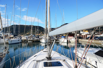 Fototapeta premium Rostrum of a modern yacht. Port of la Spezia, Italy.