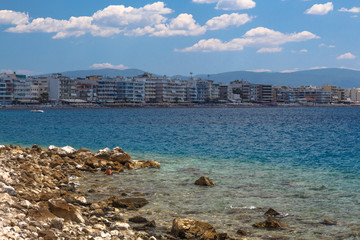 Loutraki City view from Aegean sea in Greece.