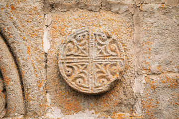 Architectural Details Of Bas-reliefs On Wall Of Gergeti Trinity 