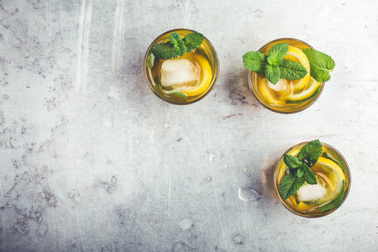 Homemade Iced Lemon Sweet Tea With Mint, Top View