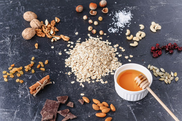 Obraz na płótnie Canvas Ingredients for delicious and healthy eko granola