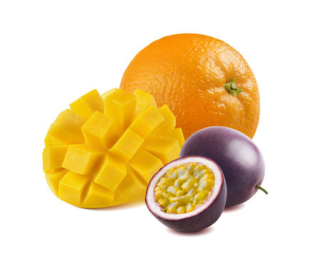 Mango, orange, passionfruit isolated on white