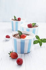 Chocolate vanilla ice cream with summer berries on white wooden board. Selective focus, copy space.