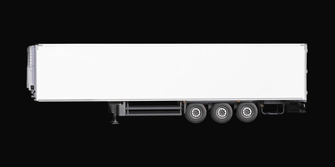 White parked semi trailer, isolated on black background. Cargo truck trailer, side view. - obrazy, fototapety, plakaty