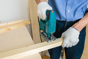 Handle Power Tool, Cutting Wood with Jigsaw