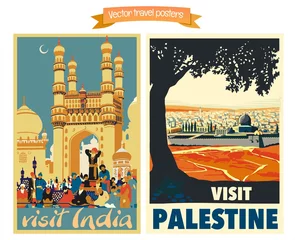 Fototapeten Travel poster vectors illustrations with vintage oriental and middle east holiday destinations © QatlasMap