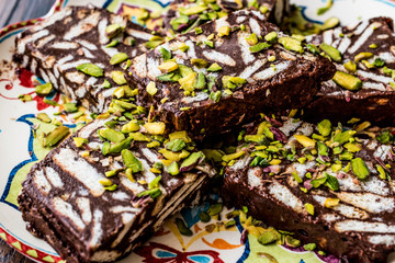 Mosaic Chocolate and Biscuit Cake with pistachio.