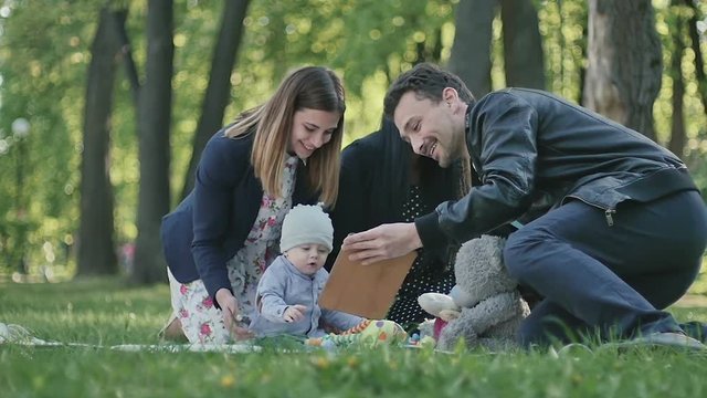 Cute swedish family relaxing with little son in a park