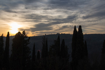 Tuscan landscape and sunset. Italy.