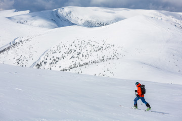 A skier is climbing the mountain ridge, snow, sunny day, in Carpathian mountains, skitouring in Ukraine.