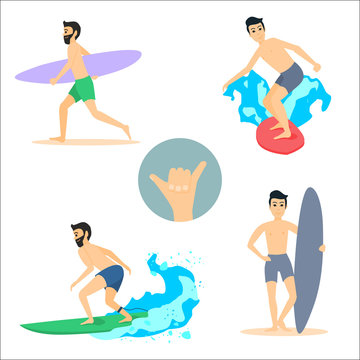 Set of vector illustrations of surfing men on surfboard