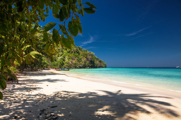 idillyic tropical hidden beach with white sand and palm trees on Bamboo island, Ko Phi Phi archipelago Thailand