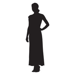 Young woman dressed in long summer dress, vector silhouette