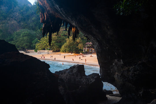 tropical Phra Nang beach landscape under a huge cave in the Krabi province, Thailand