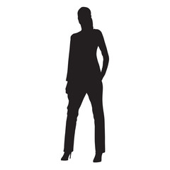 Young woman dressed in pants and high heel shoes standing with hand in her pocket, vector silhouette