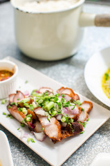 close up of fried crispy pork, thai food
