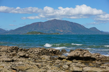 New Caledonia Grande Terre island coastal landscape with the mountain Mont Dore seen from Noumea, south Pacific, Oceania