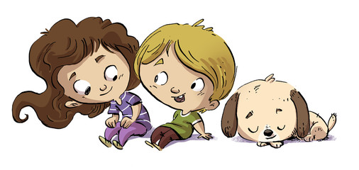 niños sentados con perro