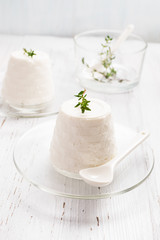 Italian ricotta cheese on glass plate on light background. Selective focus, free text space.