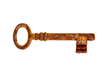 Old rusty key on a white background
