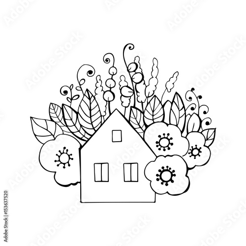 "Hand drawn flowers and house. Vector illustration." Stockfotos und
