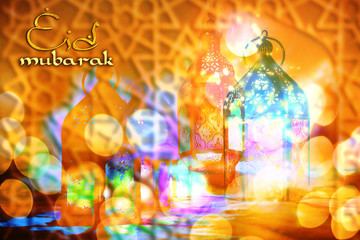 Eid Mubarak Ramadan Kareem muslim islamic holiday background with arabic oriental eid lantern or lamp and mosque