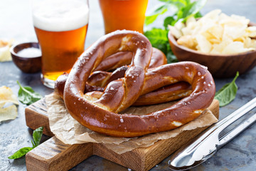 Freshly baked pretzels with beer