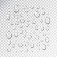 Vector set of realistic isolated water drops on the transparent background.