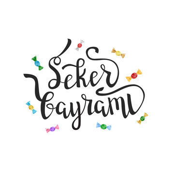 Vector isolated handwritten lettering for Seker Bayrami, Candy Festival on white background. Vector calligraphy for greeting card, decoration and covering. Concept of Happy Seker Bayram in Turkey.