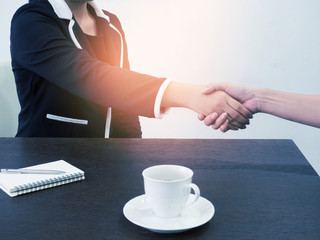Handshake to seal a deal after a job recruitment meeting. Two business people shaking hands. Senior businessman shaking hands  in a modern office.