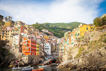 Fototapeta na wymiar Riomaggiore in Cinque Terre, Italy - Summer 2016 - view from the sea
