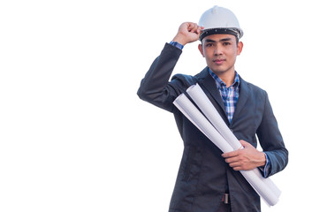 Portrait of engineer wear white safety helmet on isolated white backgrouond