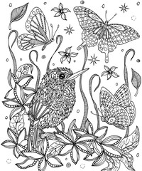 Bird and flowers coloring page.  Cuban tody vector illustration. - 153700996