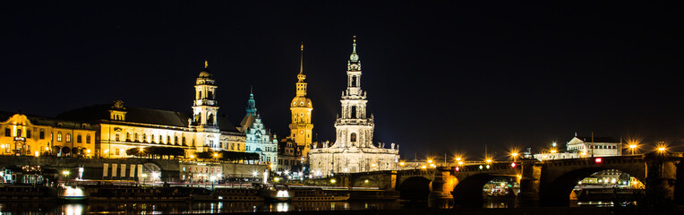 Dresden, Germany. Cathedral of the Holy Trinity or Hofkirche, Bruehl's Terrace on Elbe river.