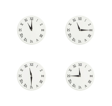 Closeup group of white clock with shadow for decorate show the time in 11 , 11:15 , 11:30 , 11:45 a.m. isolated on white background , beautiful 4 wall clock picture in different time
