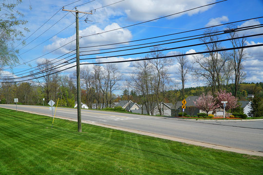 Street Scene With Green Lawn And Residential Community In Spring Day