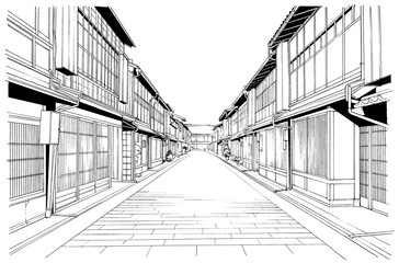 漫画風ペン画イラスト　街並