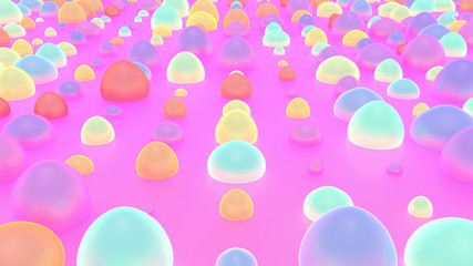 Sweet sugar candy world. Colorful glowing blobs on the ground. 3d render picture.