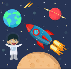 Astronaut kid in space with rocket ship