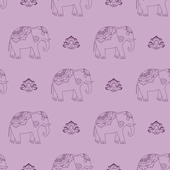 Seamless pattern with elephants and flower Lotus. Background for textile, baby shower, greeting card, wrapping. Floral indian ornament.