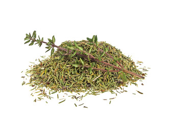 Dried thyme and thyme sprig isolated on white background