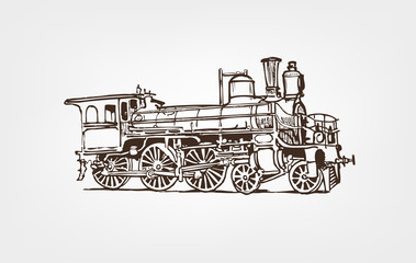 Obraz premium Old Steam Locomotive. Hand Drawn Vector Illustration.
